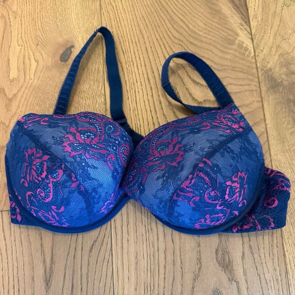 Adore Me Balconette Bra 40B Navy Blue Mesh Hot Pink Floral Lace Underwire